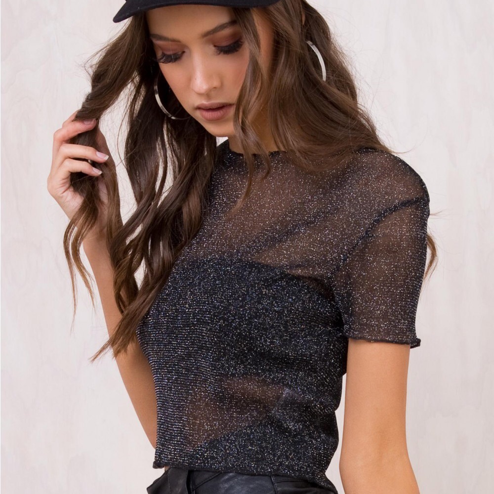 Lettuce edge glitter mesh top